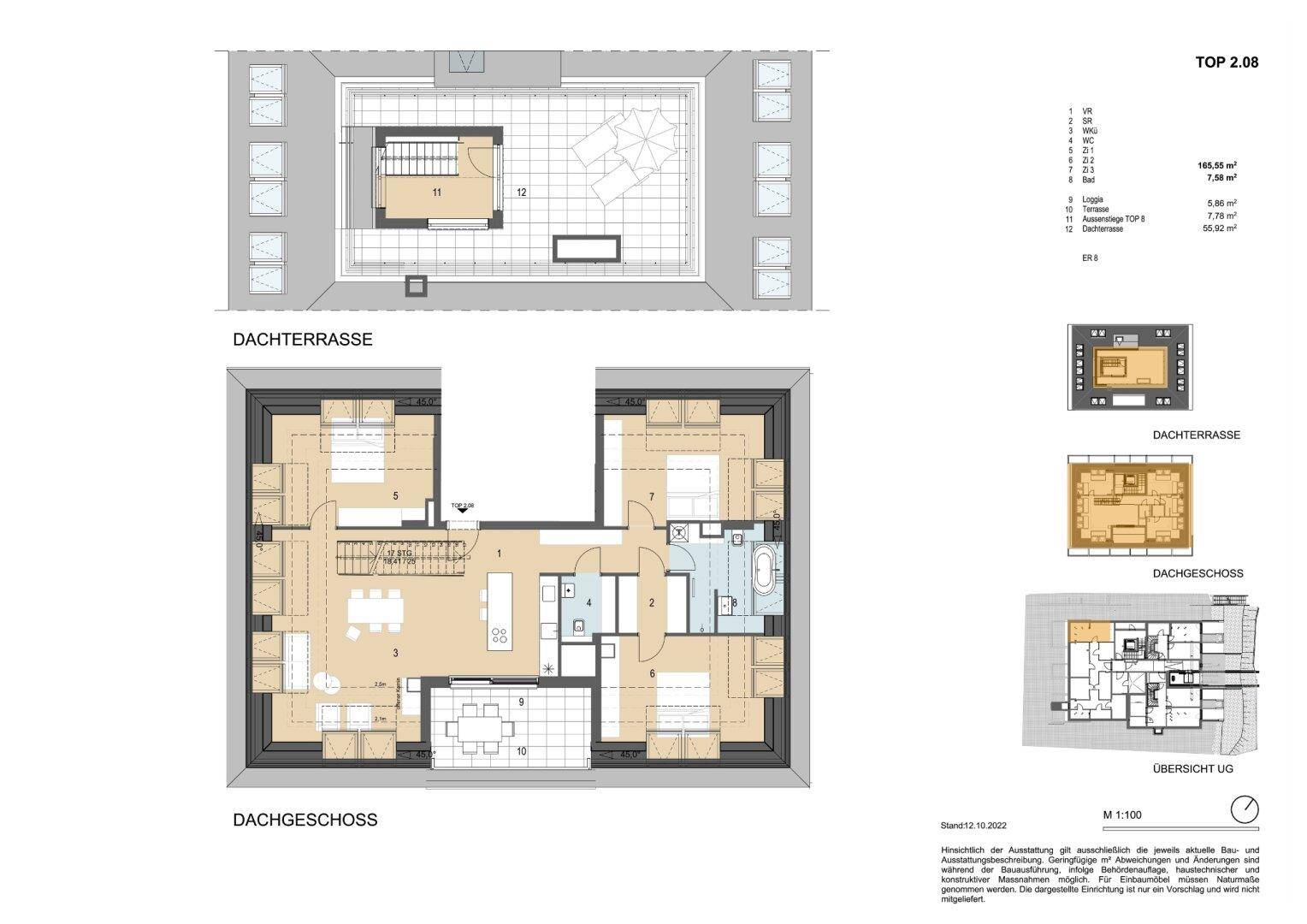 Dieser Grundriss präsentiert ein Dachgeschoss mit drei Schlafzimmern, zwei Bädern und einer weitläufigen Dachterrasse.