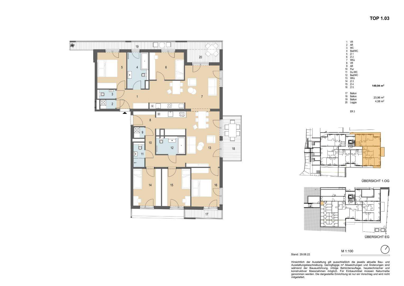 Detaillierter Grundriss einer Wohnung mit mehreren Schlafzimmern, Bädern und Balkonen.
