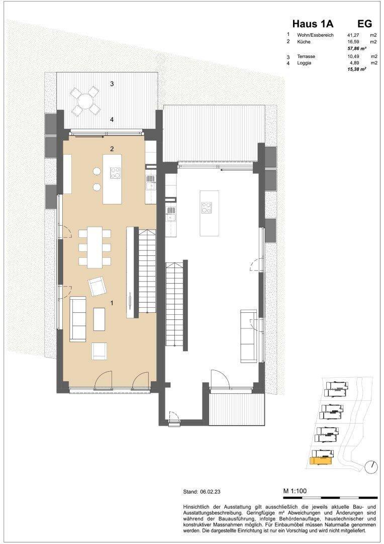Grundriss des Erdgeschosses von Haus 1A mit offenem Wohnbereich, Küche und Terrasse.