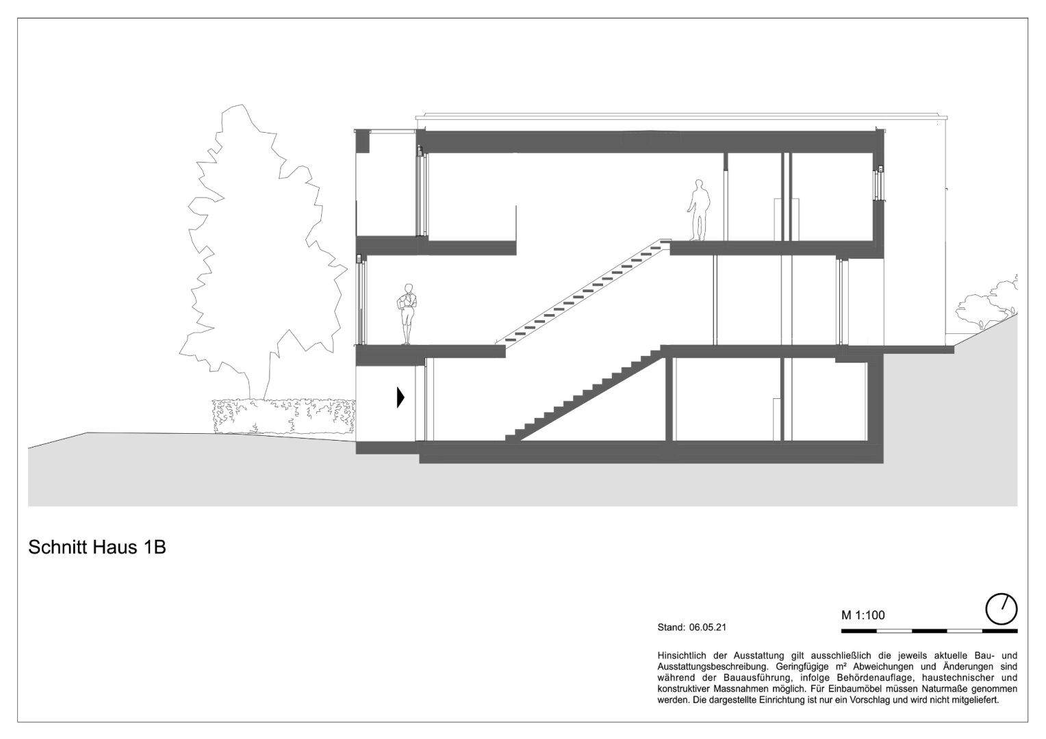 Schnittzeichnung von Haus 1B, die die interne Struktur und die verschiedenen Ebenen des Gebäudes zeigt.