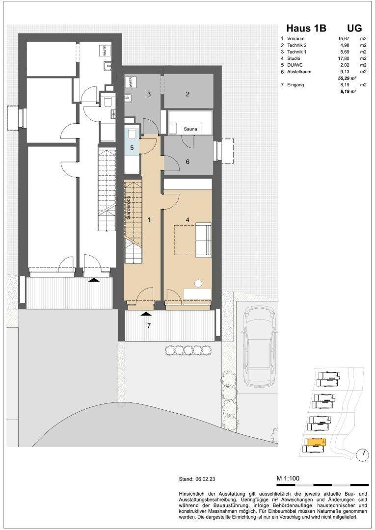 Grundriss des Untergeschosses von Haus 1B mit Vorraum, Technikraum, Studio und Sauna.