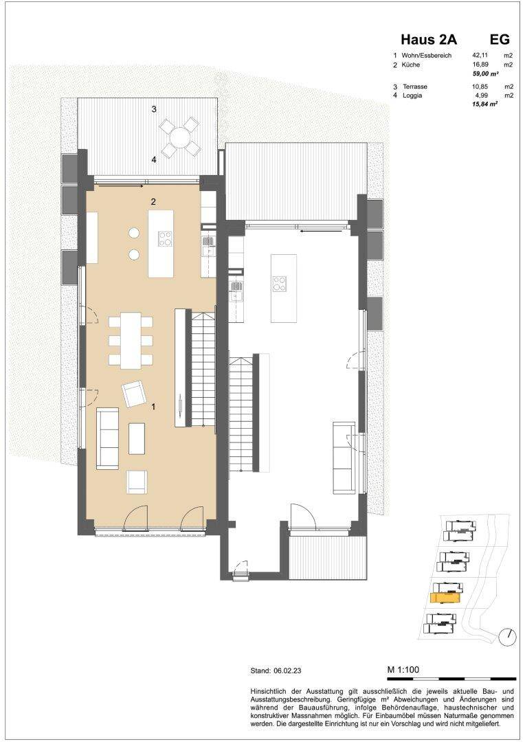 Grundriss des Erdgeschosses von Haus 2A mit offenem Wohn-/Essbereich, Küche und Terrasse.