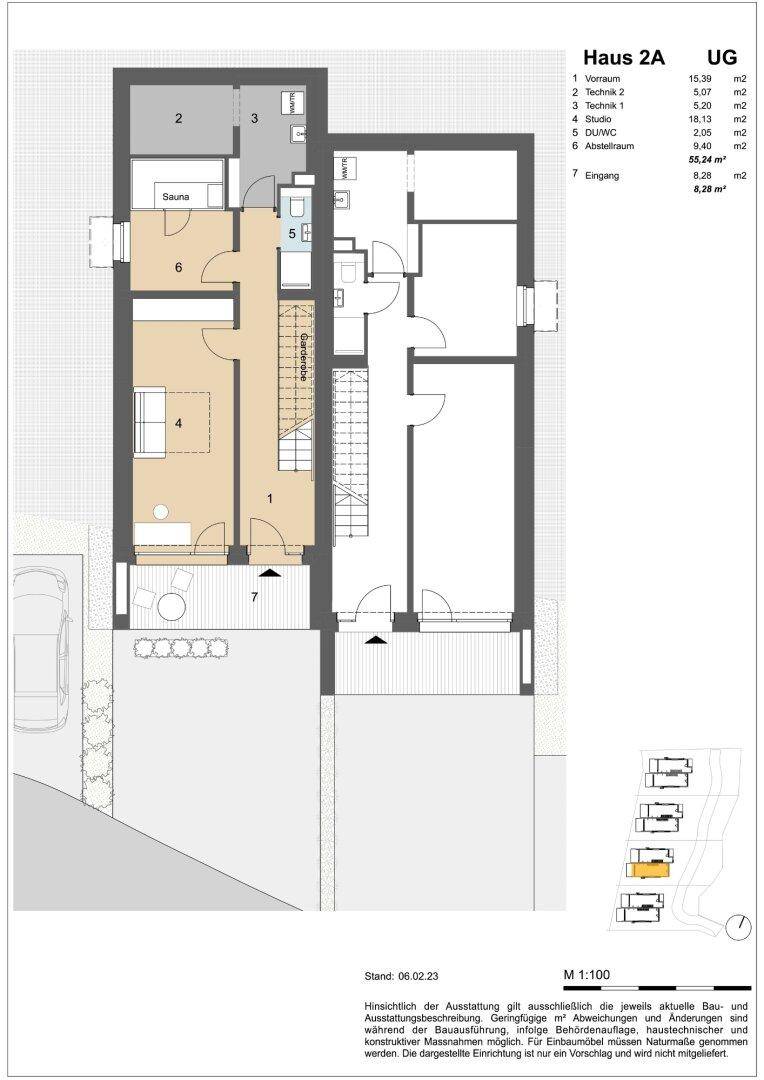 Grundriss des Untergeschosses von Haus 2A mit Vorraum, Technikraum, Studio und Sauna.