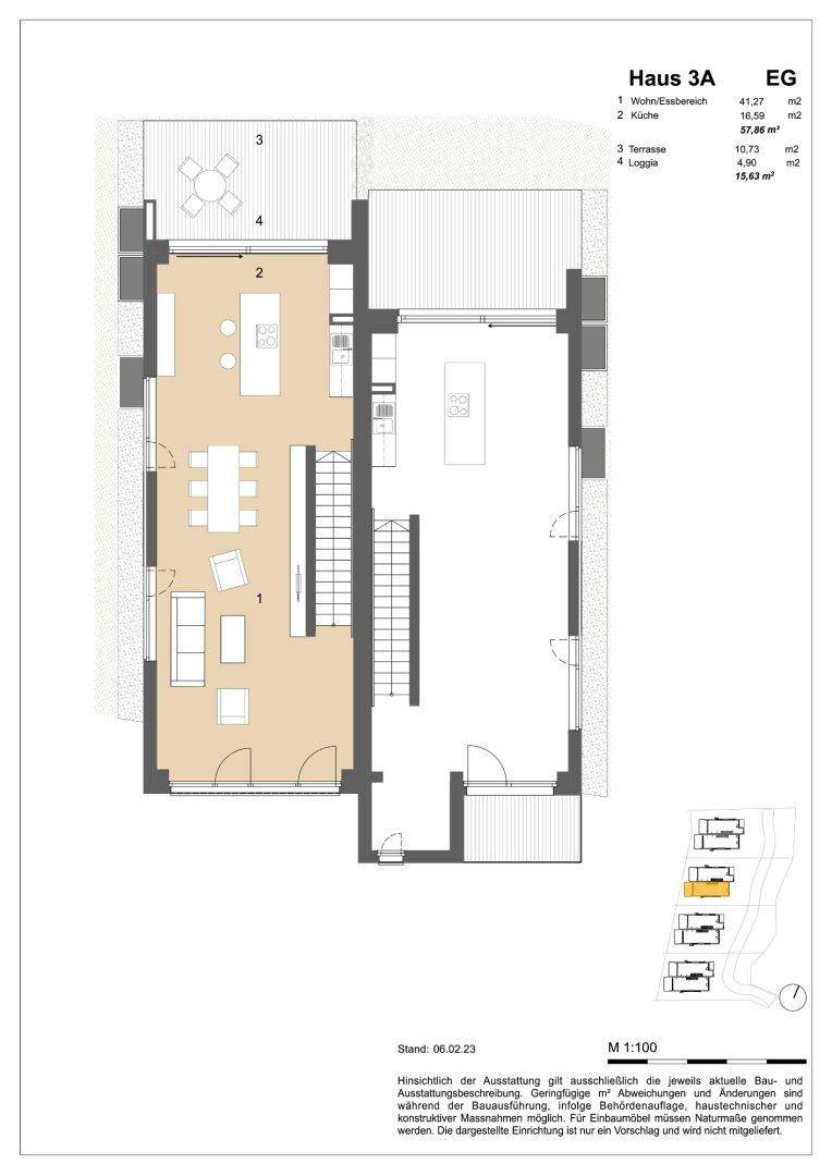 Grundriss des Erdgeschosses von Haus 3A mit offenem Wohn-/Essbereich, Küche und Terrasse.