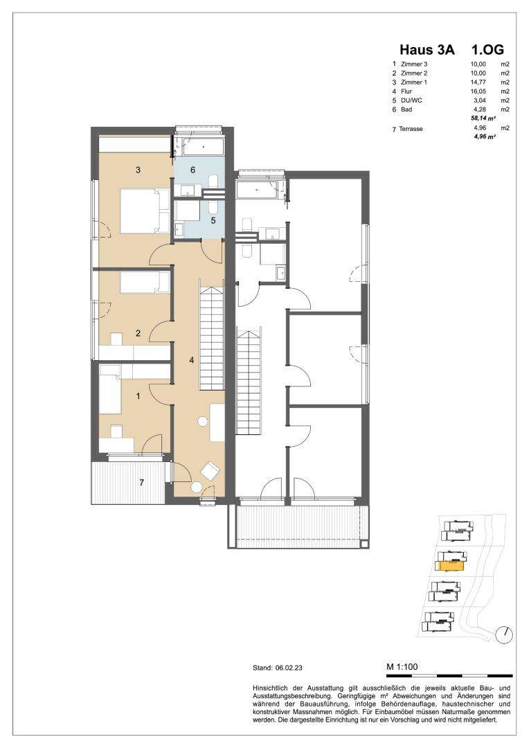 Grundriss des Obergeschosses von Haus 3A mit drei Schlafzimmern, zwei Bädern und Terrasse.