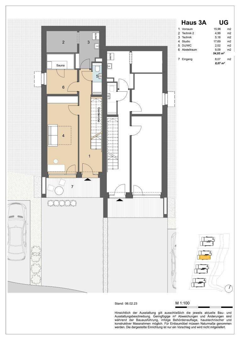 Grundriss des Untergeschosses von Haus 3A mit Vorraum, Technikraum, Studio und Sauna.
