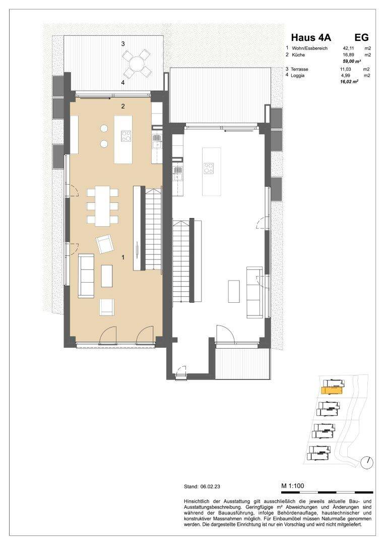 Grundriss des Erdgeschosses von Haus 4A mit offenem Wohn-/Essbereich, Küche und Terrasse.
