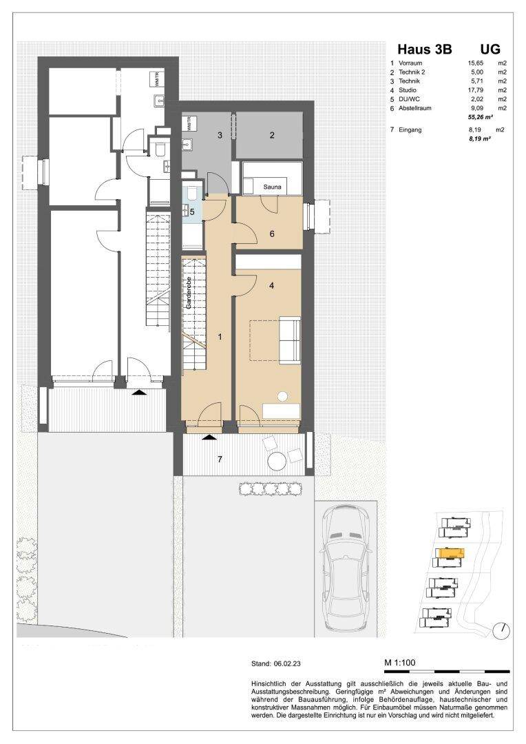 Grundriss des Untergeschosses von Haus 3B mit Vorraum, Technikraum, Studio und Sauna.