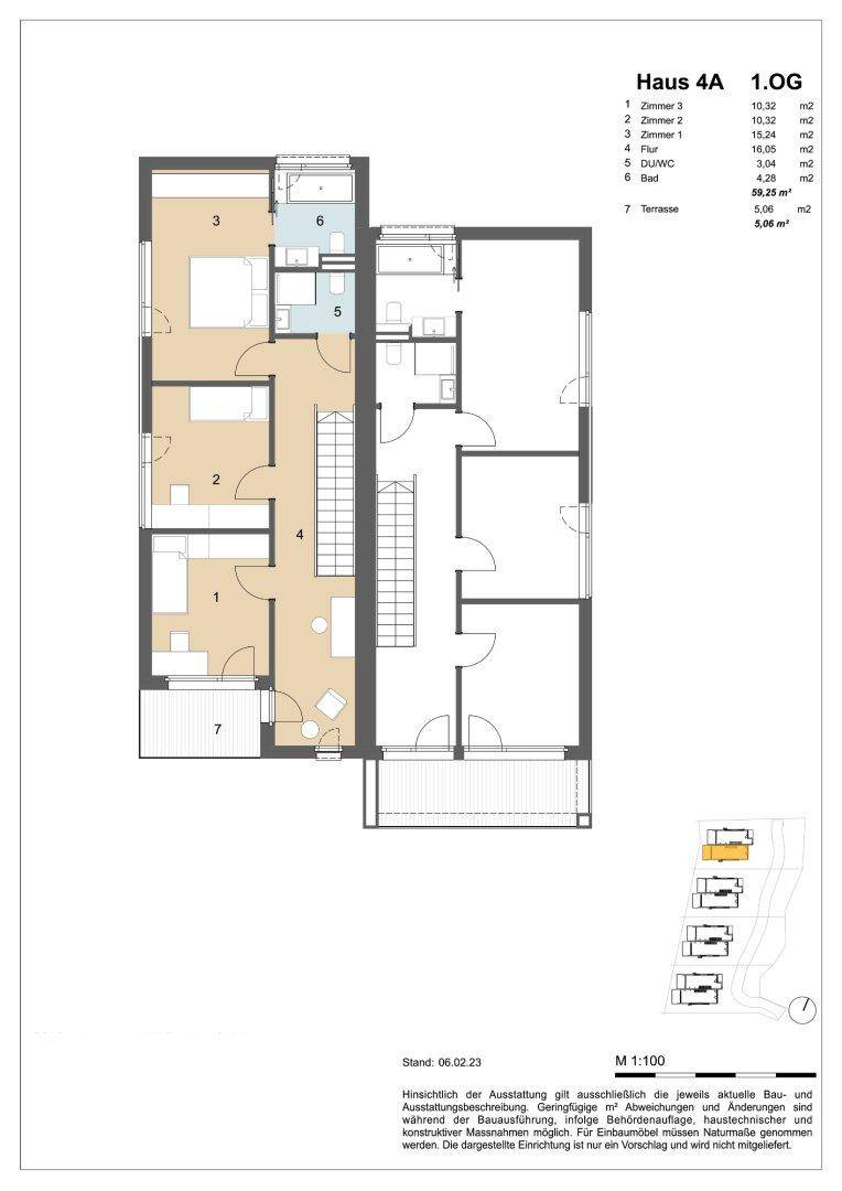 Grundriss des Obergeschosses von Haus 4A mit drei Schlafzimmern, zwei Bädern und Terrasse.