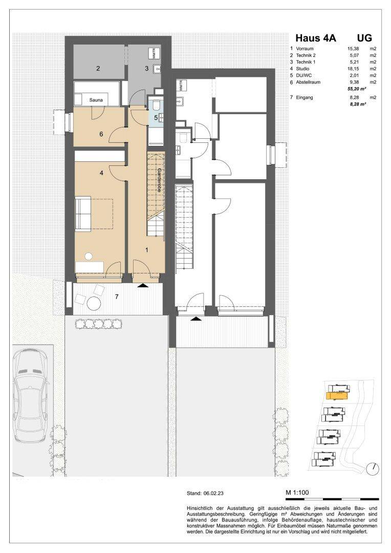 Grundriss des Untergeschosses von Haus 4A mit Vorraum, Technikraum, Studio und Sauna.