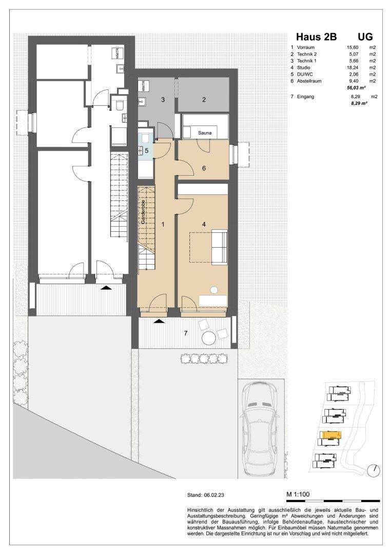 Grundriss des Untergeschosses von Haus 2B mit Vorraum, Technikraum, Studio und Sauna.
