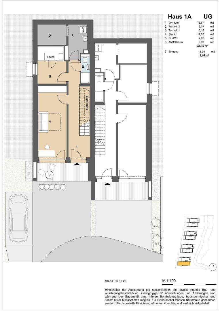 Grundriss des Untergeschosses von Haus 1A mit Vorraum, Technikraum, Studio und Sauna.