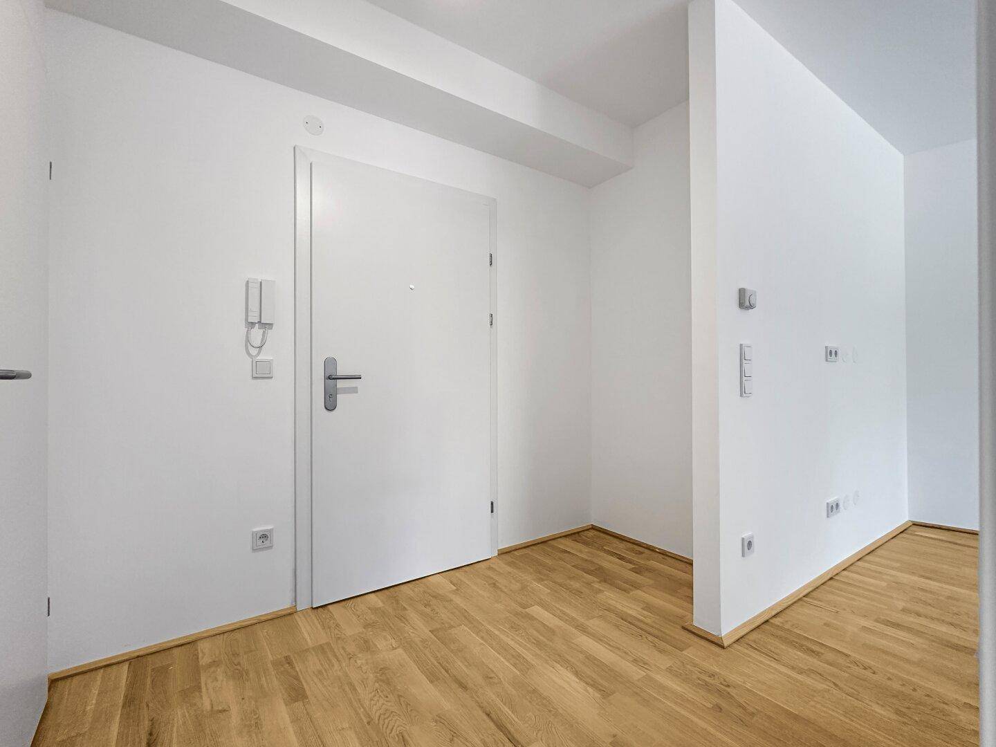 Moderner Eingangsbereich mit weißer Wohnungstür, Gegensprechanlage und gepflegtem Parkettboden.
