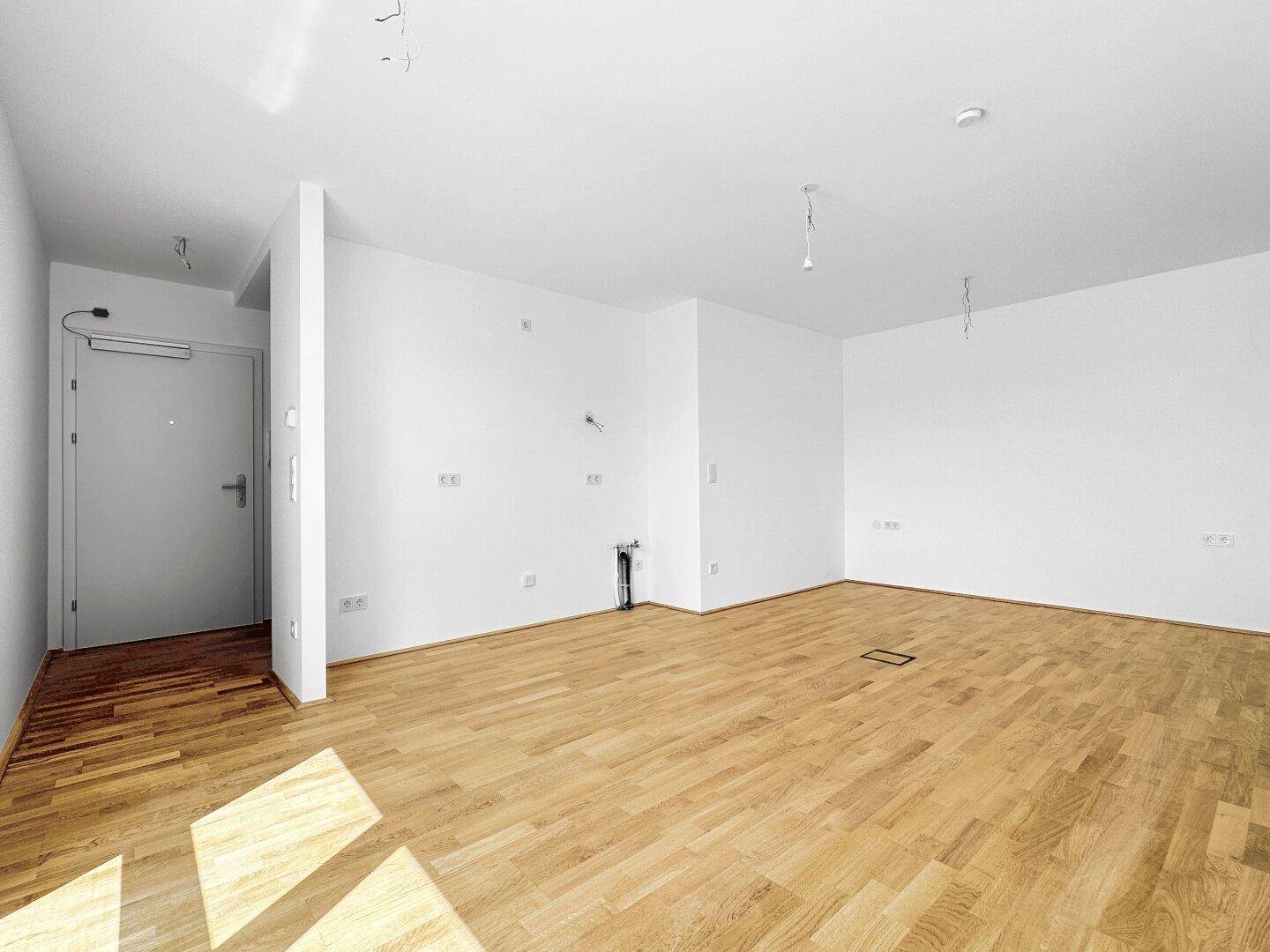 Geräumiger, heller Wohnbereich mit Holzboden und Eingangstür, ideal für offenes Wohnen.