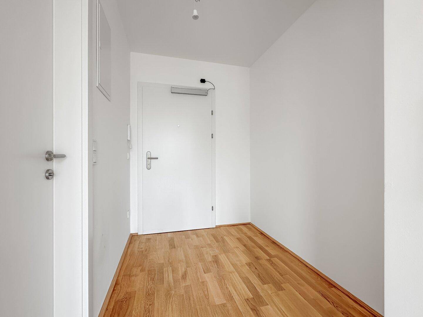 Heller Eingangsbereich mit Holzboden und einer modernen weißen Eingangstür.