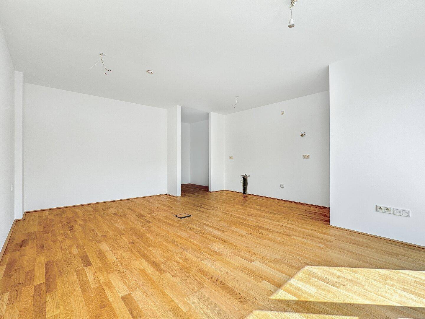 Heller, unmöblierter Wohnbereich mit Holzboden und weiß gestrichenen Wänden, bereit zur individuellen Gestaltung.