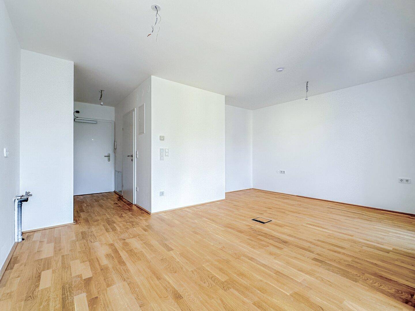 Heller Eingangsbereich mit Holzboden und weiß gestrichenen Wänden, bereit für die Einrichtung.