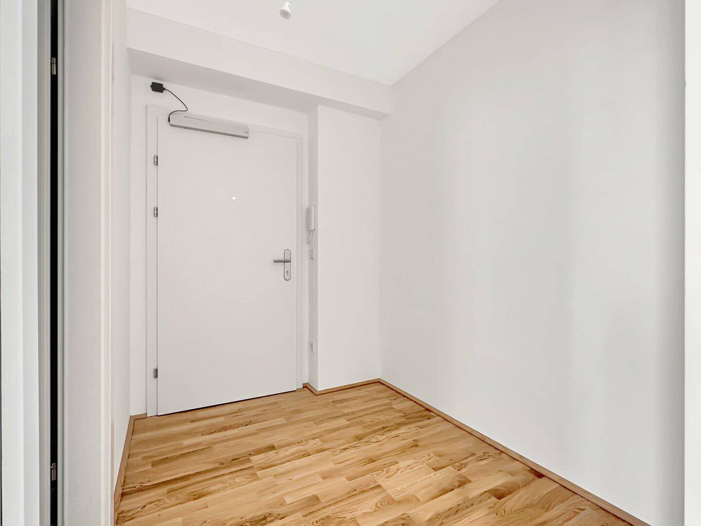 Heller Eingangsbereich mit Holzboden und weißer Tür, bietet einen klaren Zugang zur Wohnung.