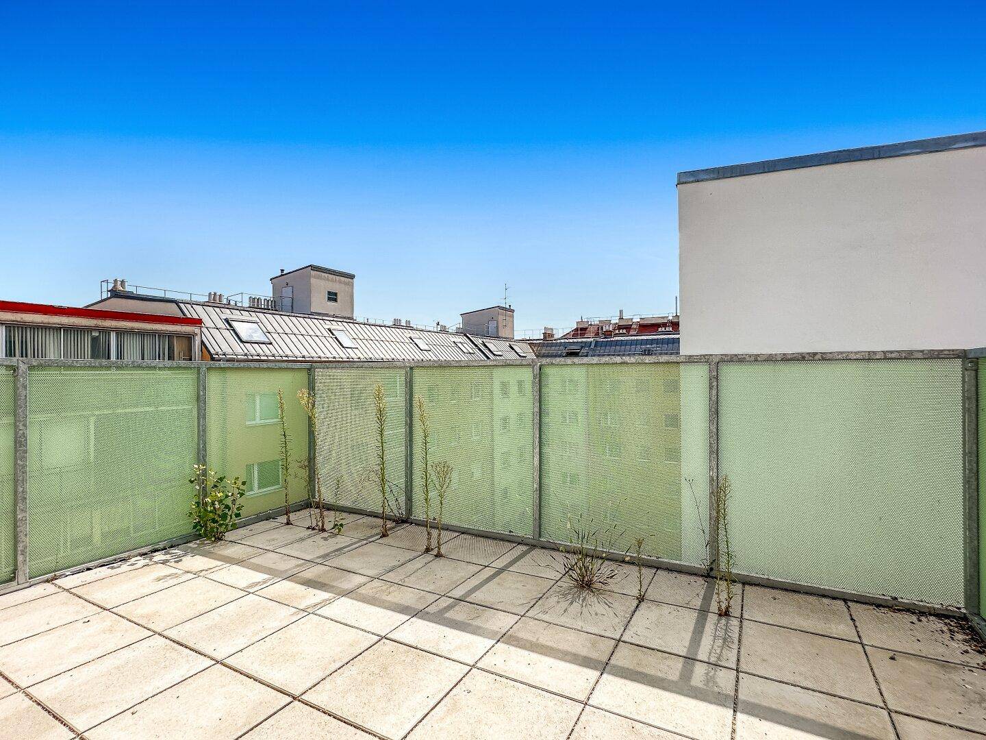 Dachterrasse mit Fliesenboden und grünen Sichtschutzelementen, umgeben von städtischen Dächern unter blauem Himmel.