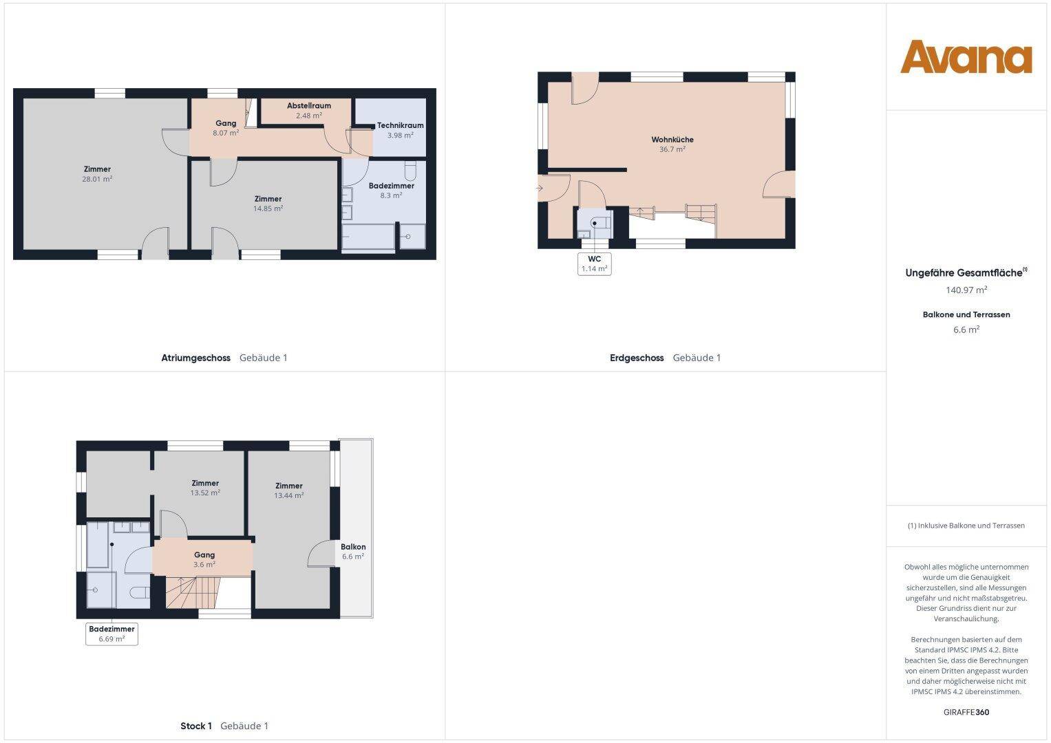 Grundriss von Gebäude 1 mit drei Etagen, inklusive Wohnküche und Balkon.