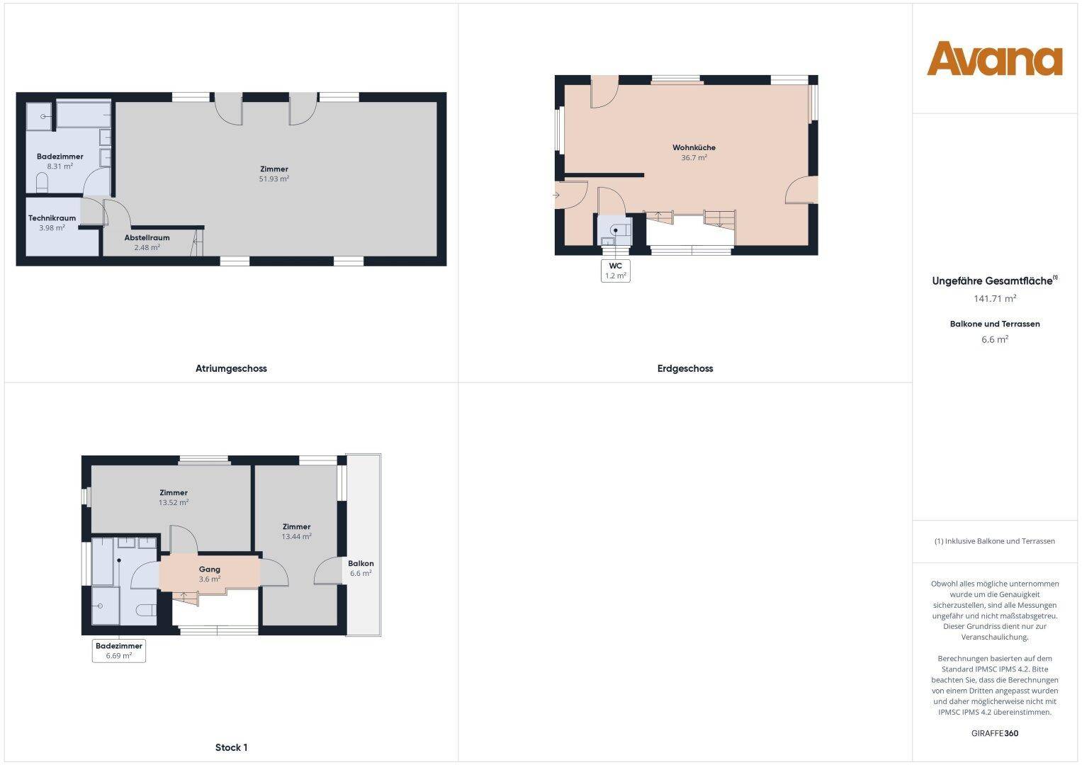 Detaillierter Grundriss von Gebäude 1 mit Wohnküche, zwei Bädern und Balkon.