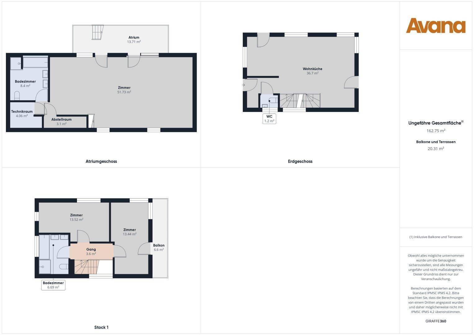 Umfassender Grundriss von Gebäude 1 mit großzügiger Wohnküche, Balkon und Atrium.