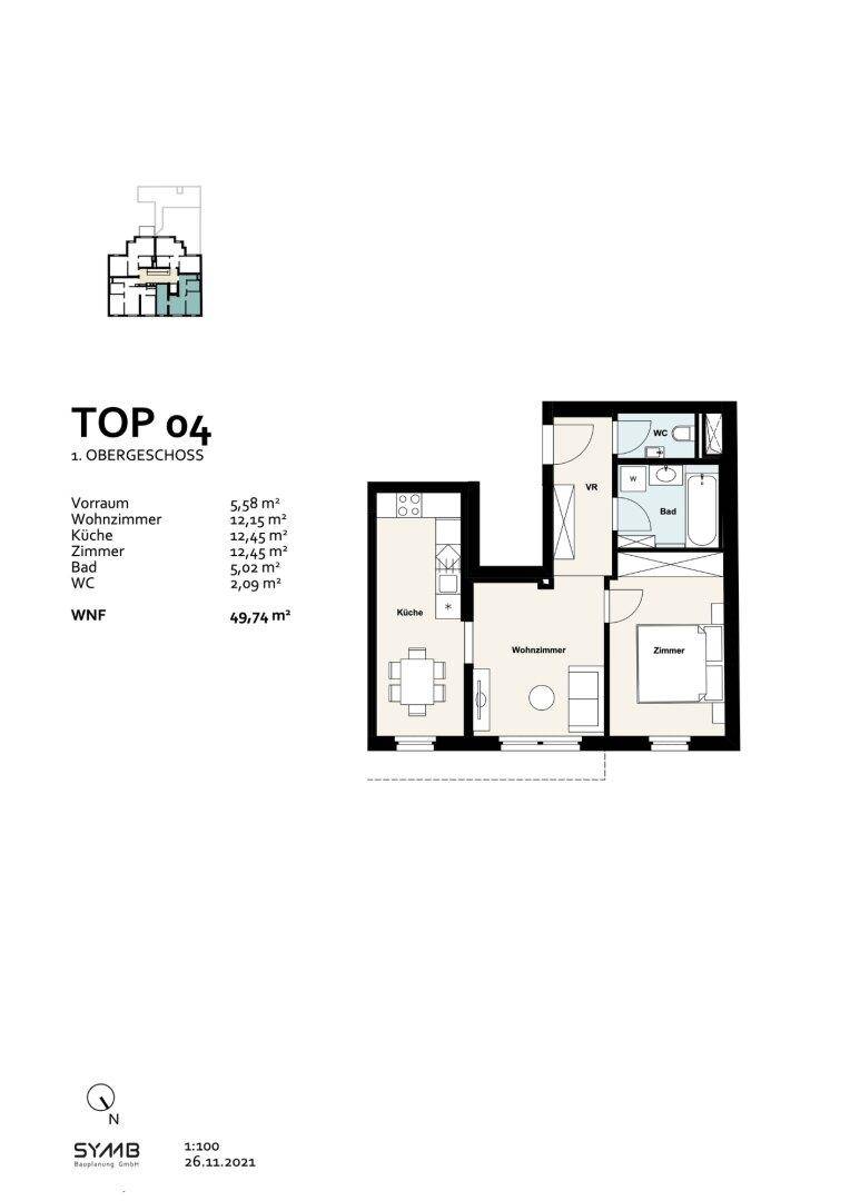 Grundriss für TOP 04 im ersten Obergeschoss mit separater Küche, Wohnzimmer, Schlafzimmer und Bad.