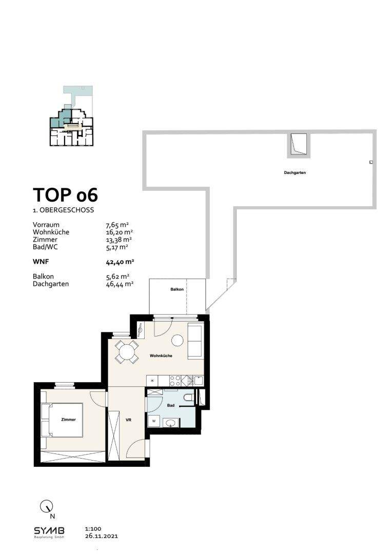 Grundriss für TOP 06 im ersten Obergeschoss mit Wohnküche, Schlafzimmer, Bad, Balkon und Dachgarten.