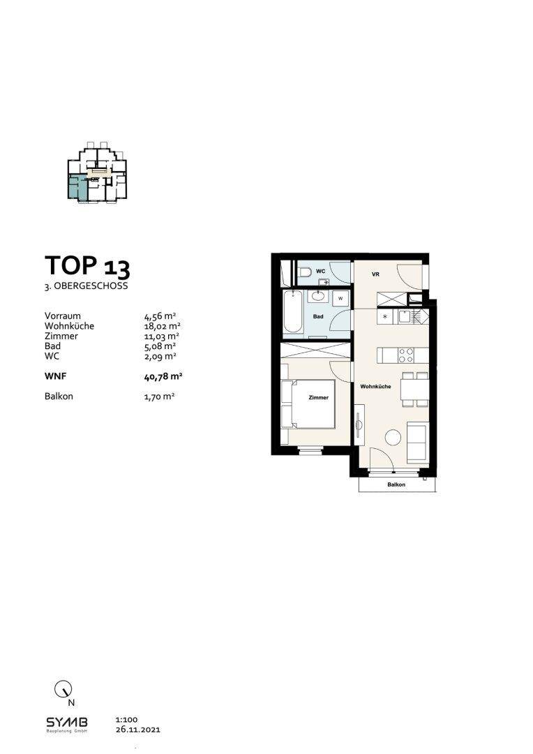 Grundriss für TOP 13 im dritten Obergeschoss mit Wohnküche, Schlafzimmer, Bad und kleinem Balkon.