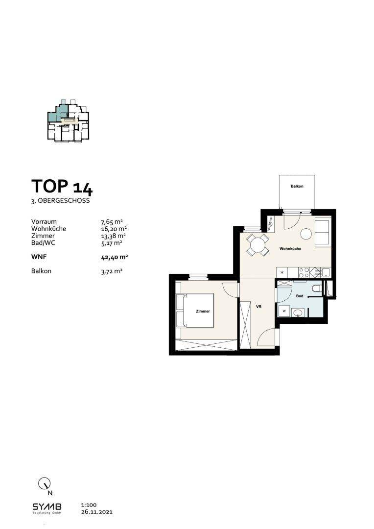 Grundriss für TOP 14 im dritten Obergeschoss mit Wohnküche, Schlafzimmer, Bad und Balkon.