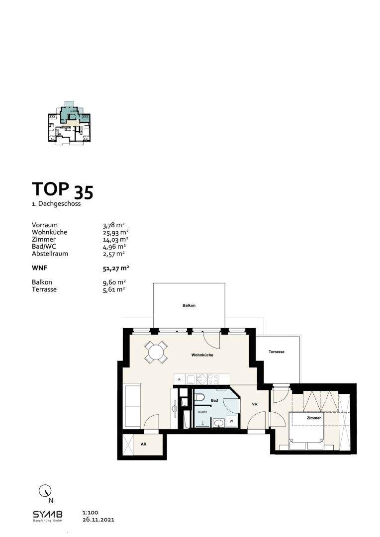 Grundriss für TOP 35 im ersten Dachgeschoss mit Wohnküche, Schlafzimmer, Bad, Balkon und Terrasse.