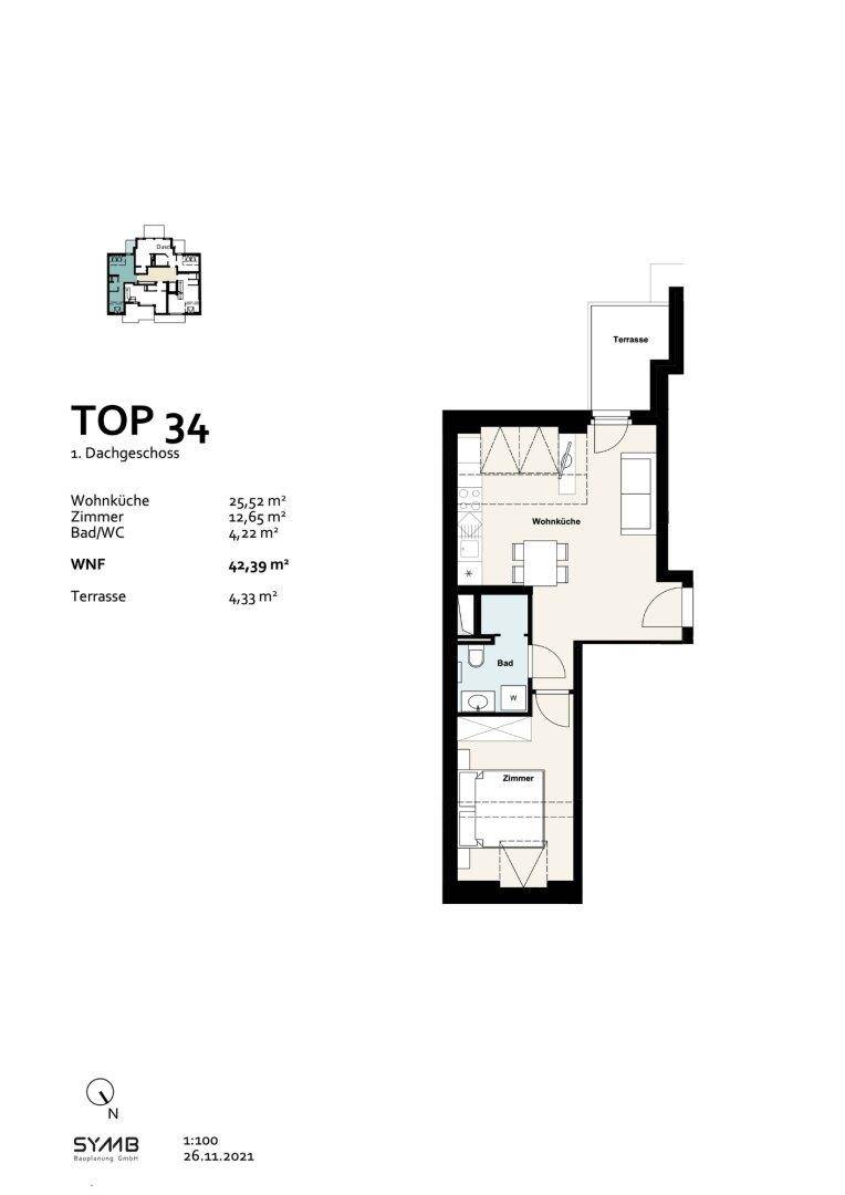 Grundriss für TOP 34 im ersten Dachgeschoss mit Wohnküche, Schlafzimmer, Bad und Terrasse.