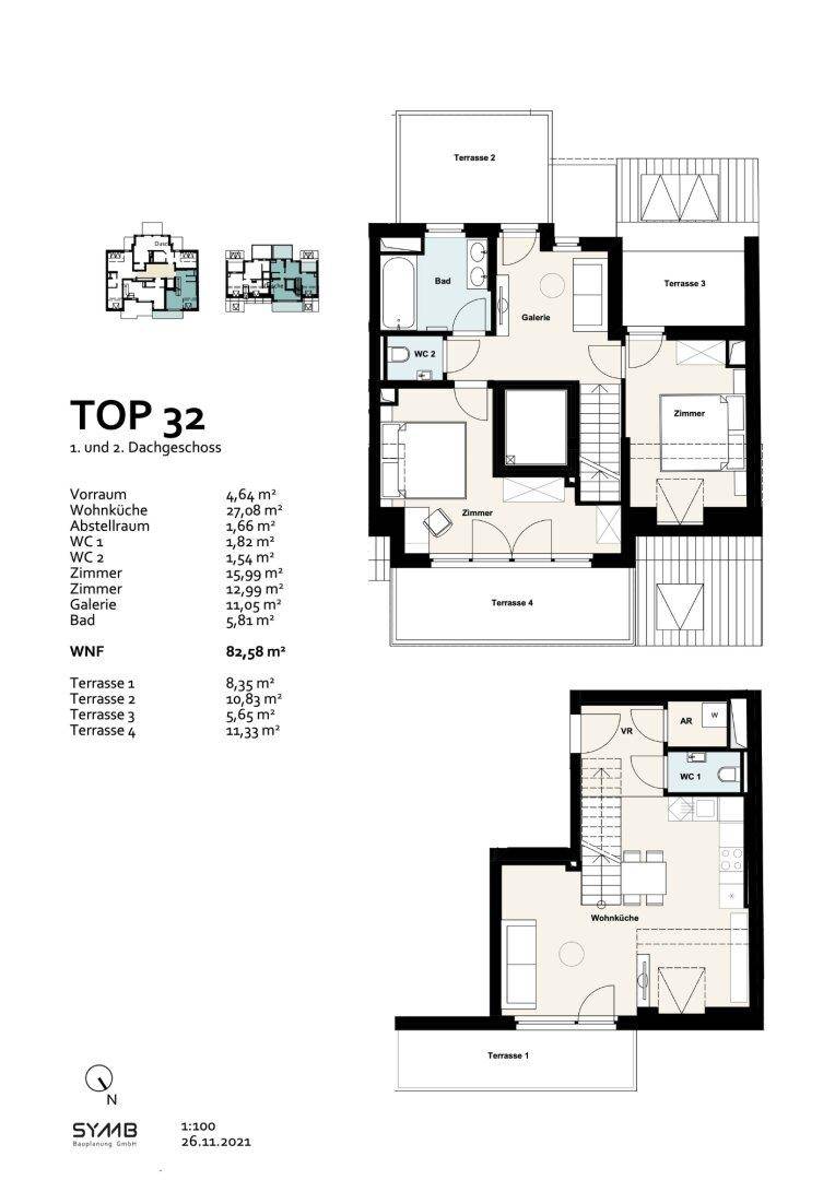 Grundriss für TOP 32 im ersten und zweiten Dachgeschoss mit Wohnküche, zwei Schlafzimmern, zwei Bädern und mehreren Terrassen.