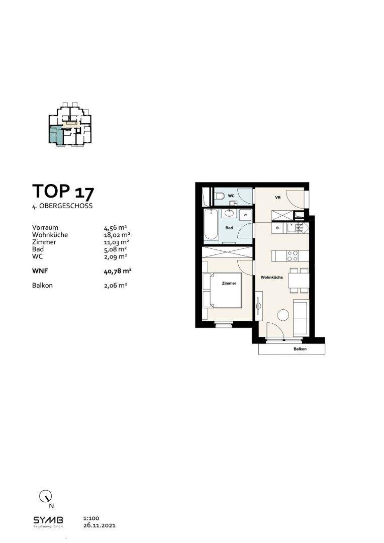 Grundriss für TOP 17 im vierten Obergeschoss mit Wohnküche, Schlafzimmer, Bad und Balkon.