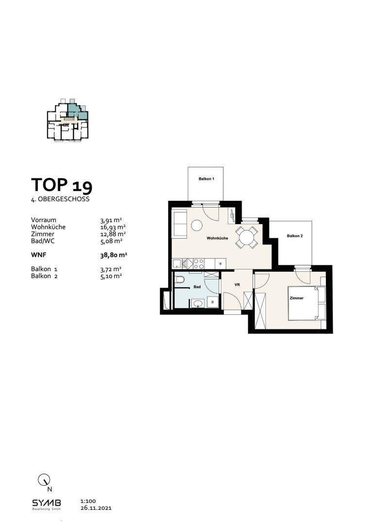 Grundriss für TOP 19 im vierten Obergeschoss mit Wohnküche, Schlafzimmer, Bad und zwei Balkonen.