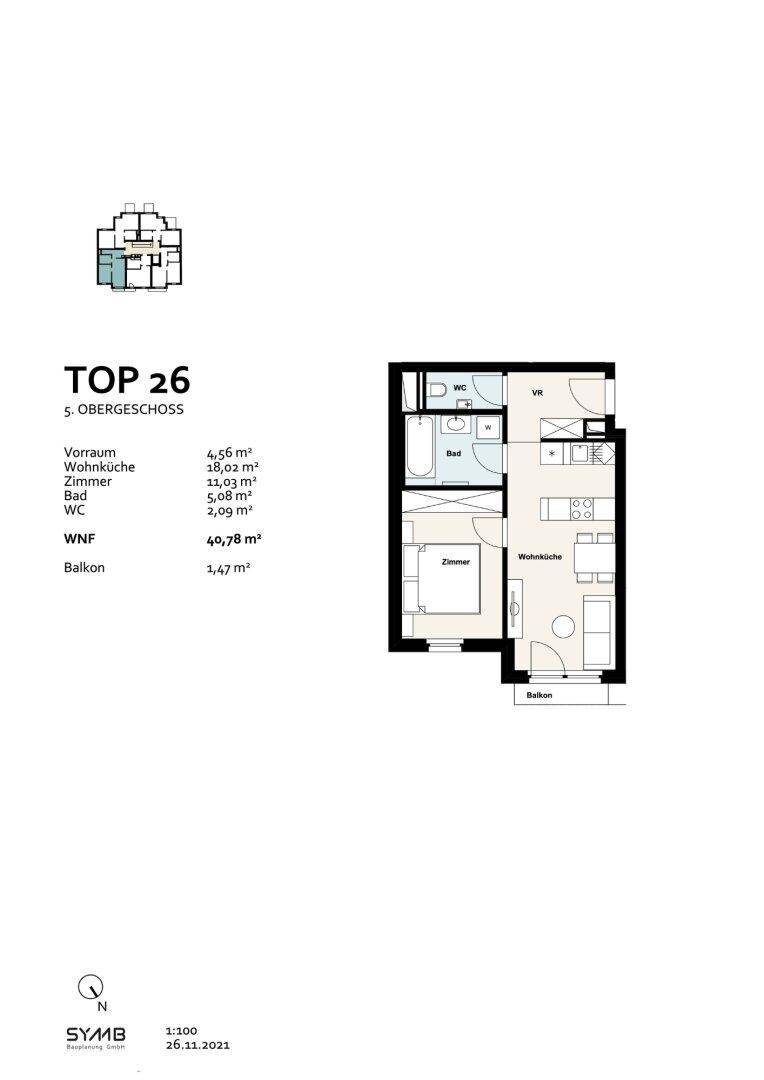 Grundriss für TOP 26 im fünften Obergeschoss mit Wohnküche, Schlafzimmer, Bad und Balkon.
