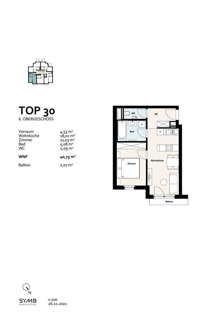 Grundriss für TOP 30 im sechsten Obergeschoss mit Wohnküche, Schlafzimmer, Bad und Balkon.