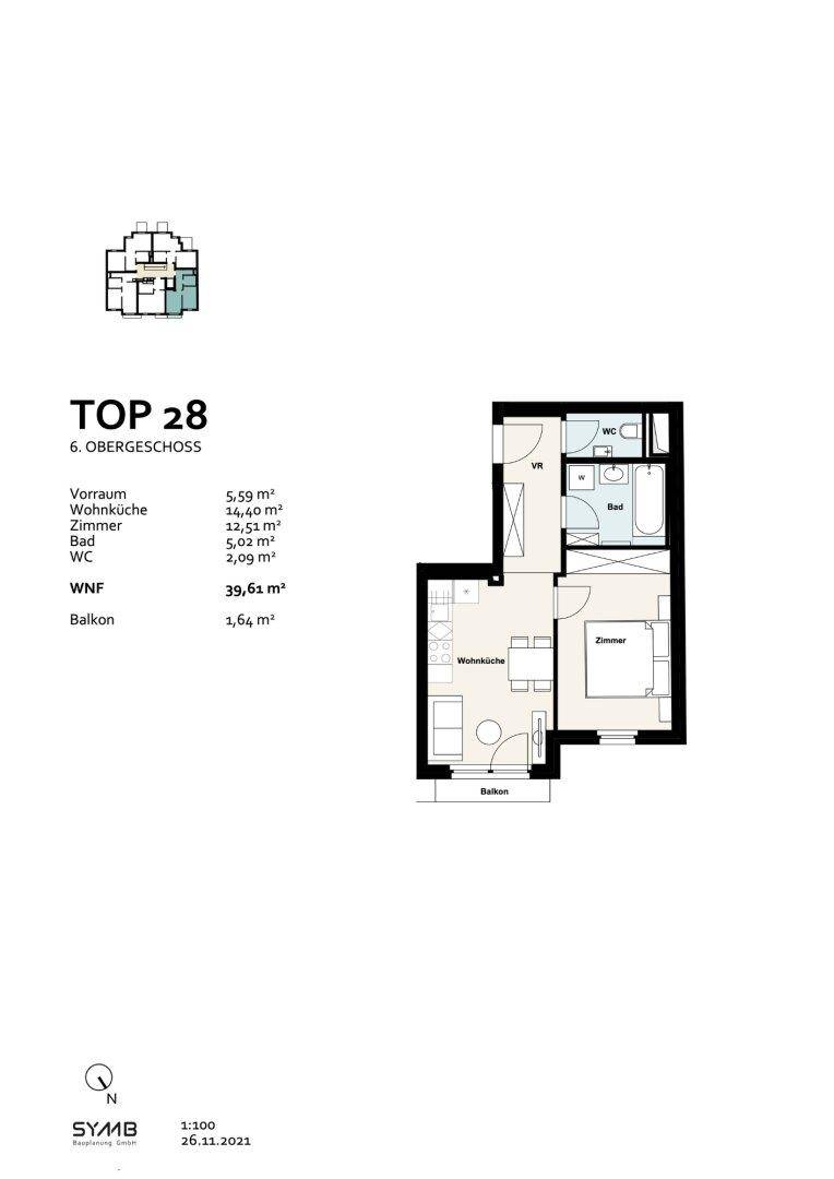 Grundriss für TOP 28 im sechsten Obergeschoss mit Wohnküche, Schlafzimmer, Bad und Balkon.