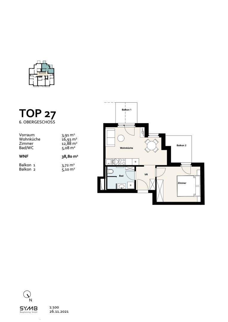 Grundriss der Wohnung Top 27 im 6. Obergeschoss mit zwei Balkonen und Wohnküche.