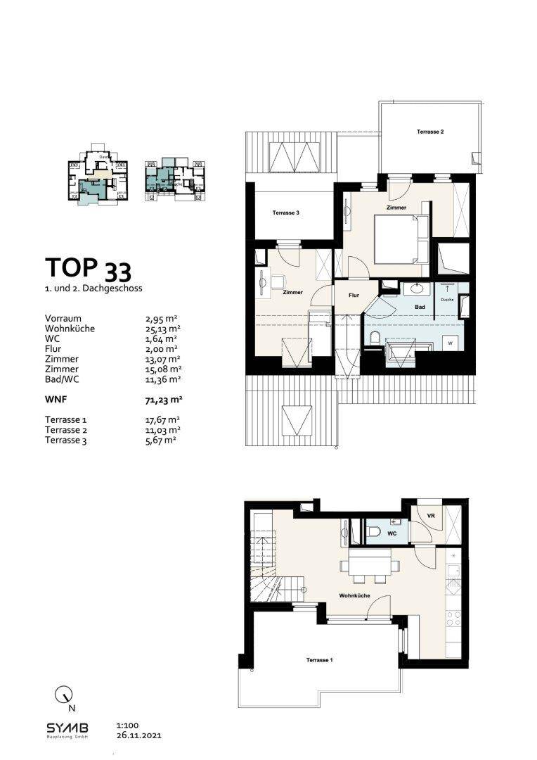 Grundriss der Dachgeschosswohnung mit drei Terrassen und offenem Wohnbereich.
