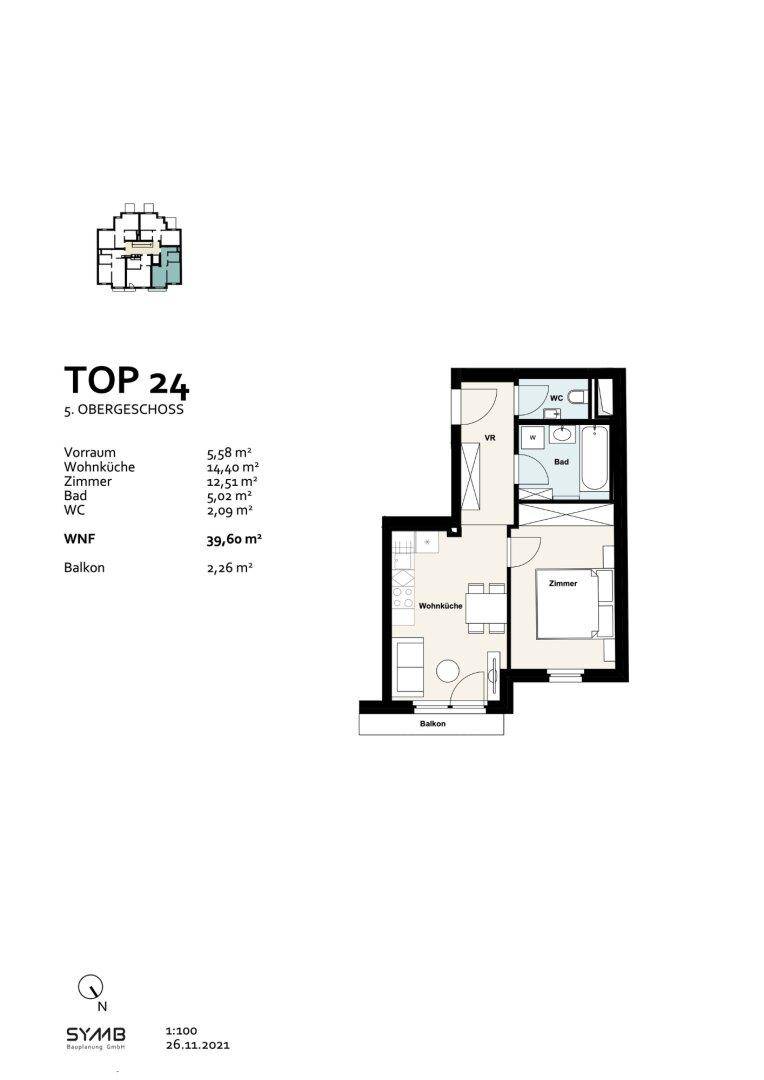 Grundriss der Wohnung TOP 24 im 5. Obergeschoss mit Wohnküche, Zimmer und Balkon.
