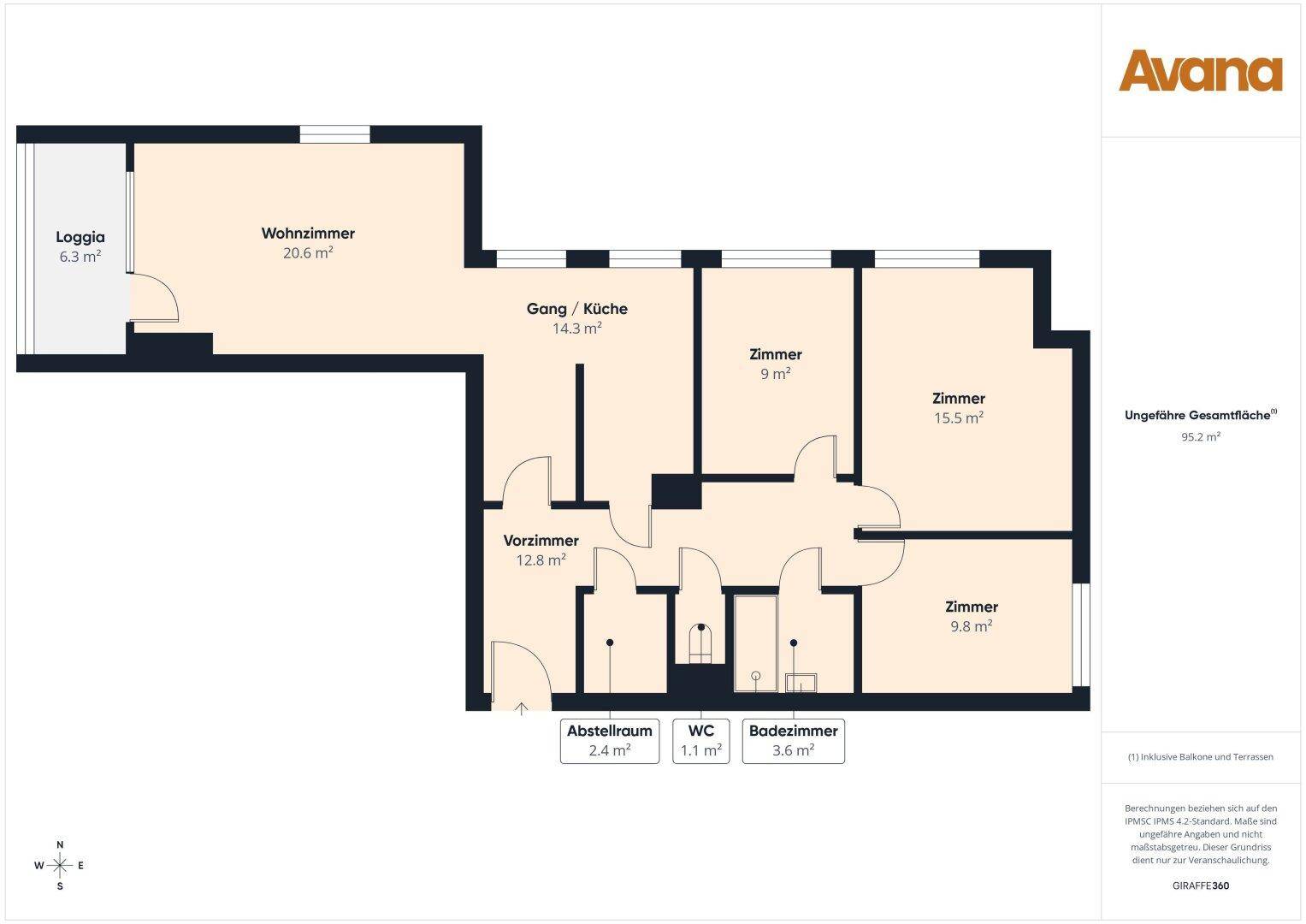 Grundriss der Wohnung mit Wohnzimmer, Loggia und mehreren Zimmern.