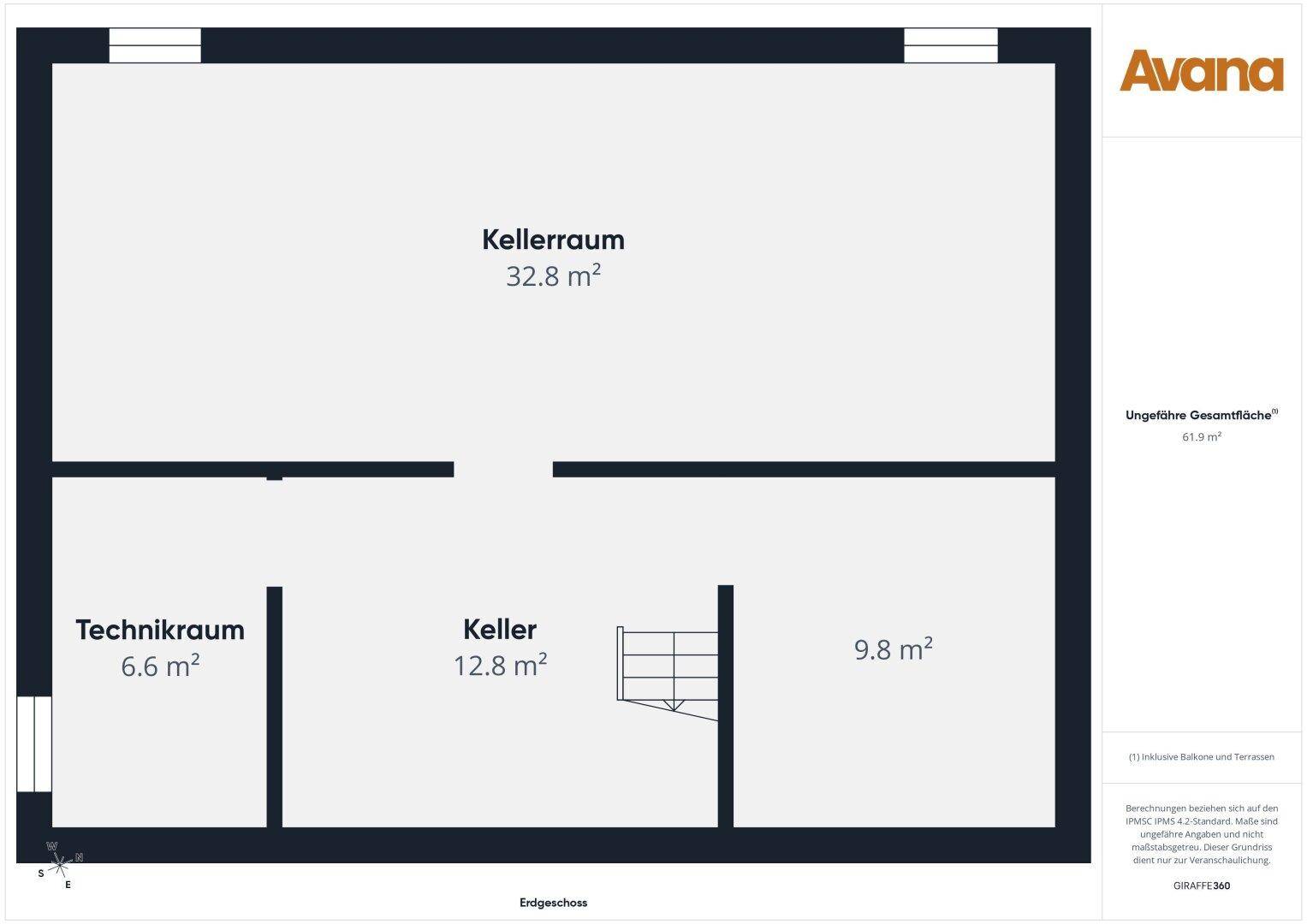 Grundriss des Kellergeschosses mit großem Kellerraum, Technikraum und zusätzlichem Kellerbereich.