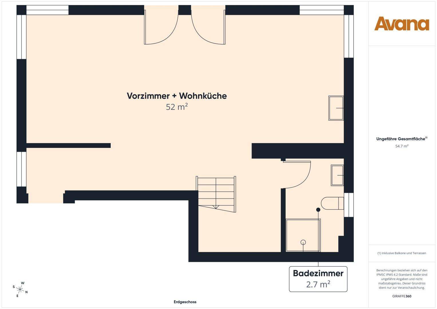 Grundriss des Erdgeschosses mit Vorzimmer, Wohnküche und Badezimmer.