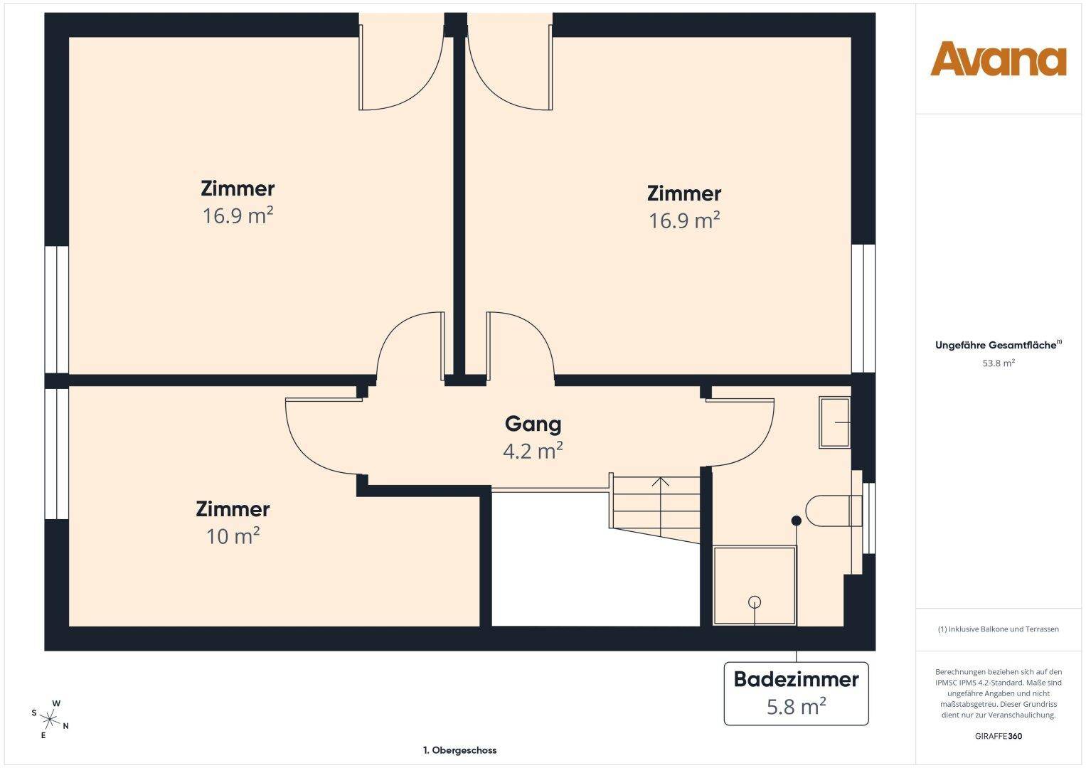 Grundriss des 1. Obergeschosses mit drei Zimmern, Gang und Badezimmer.