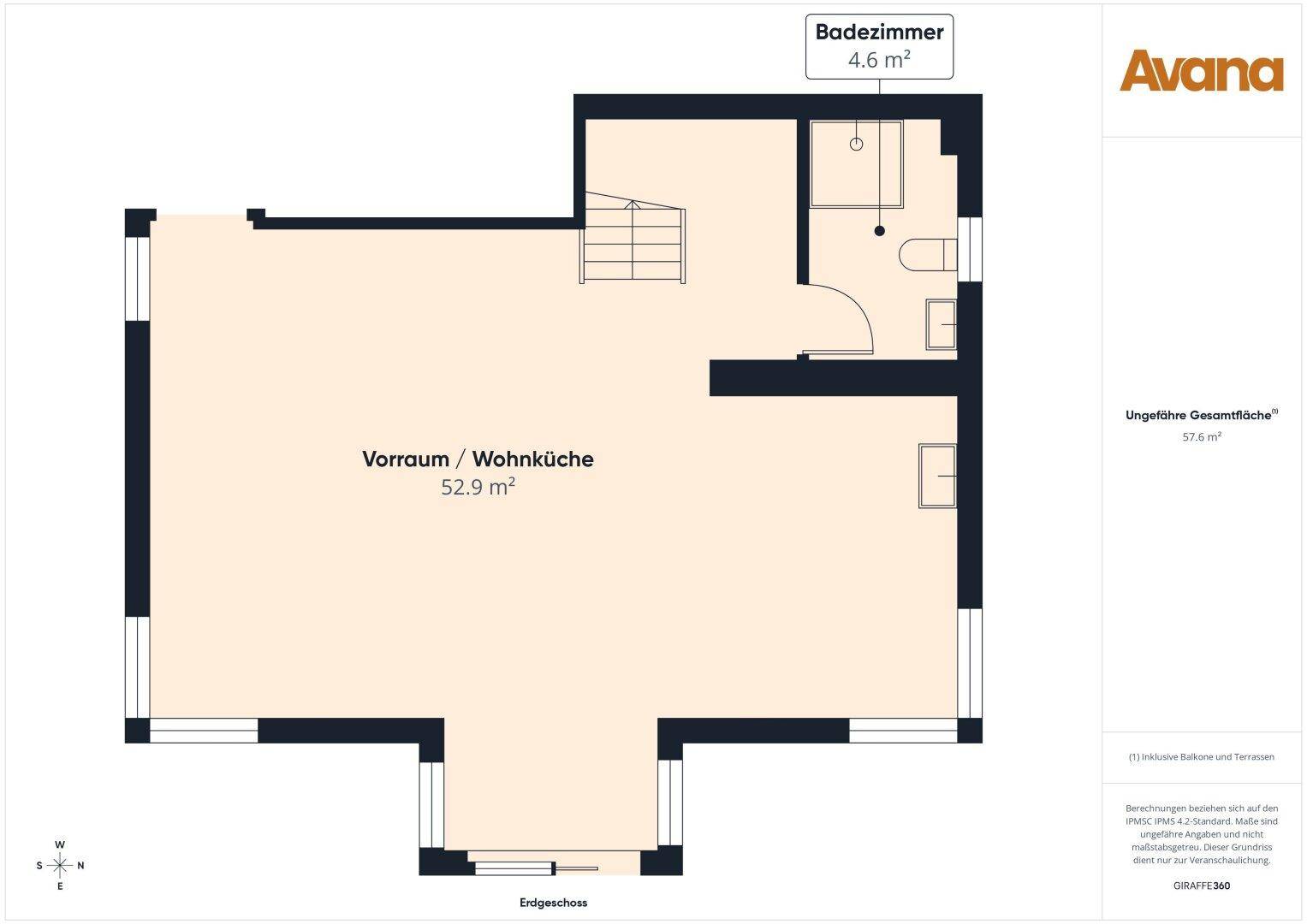 Grundriss des Dachgeschosses mit Vorraum, Wohnküche und Badezimmer.