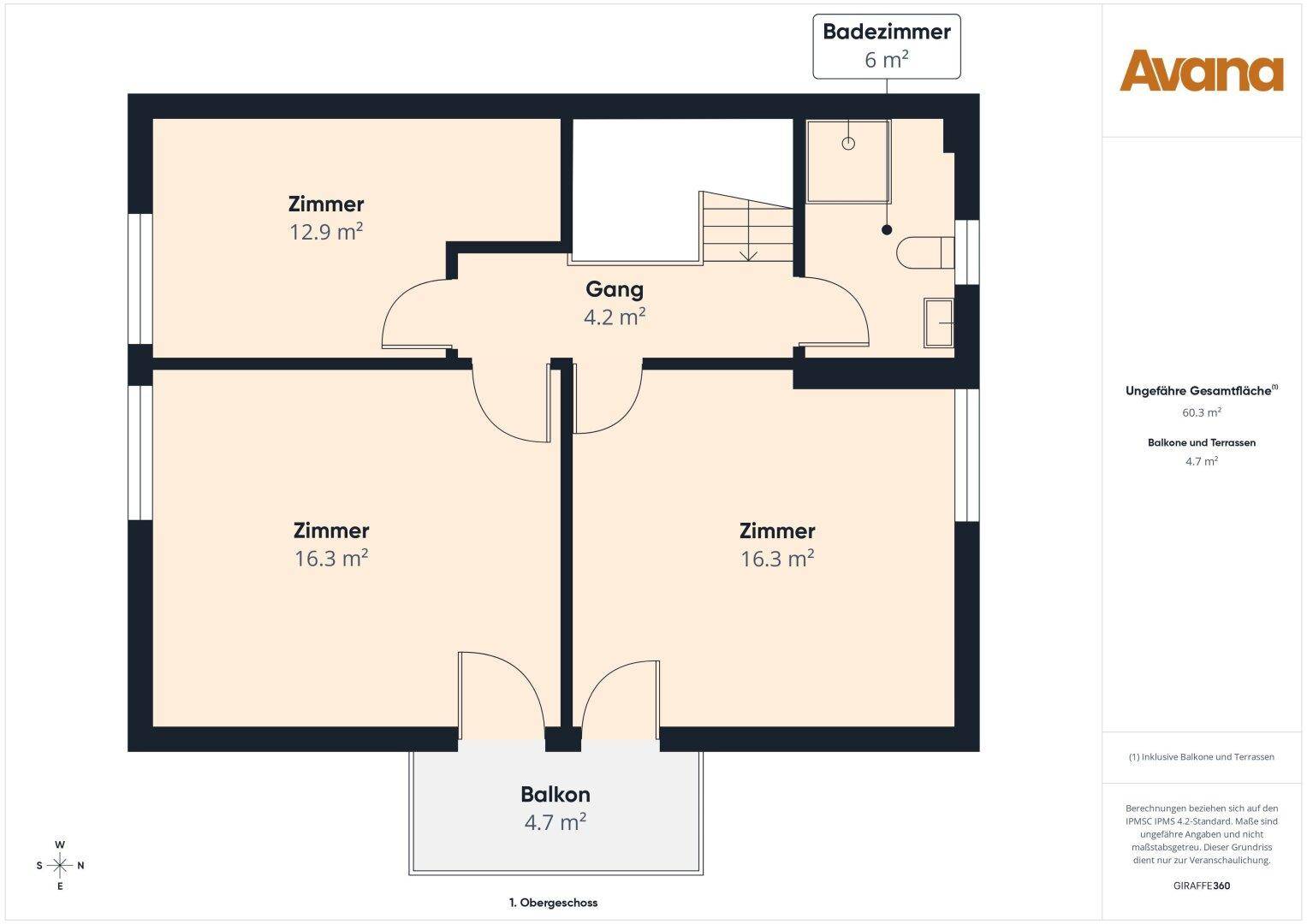 Grundriss des 1. Obergeschosses mit drei Zimmern, Gang, Badezimmer und Balkon.