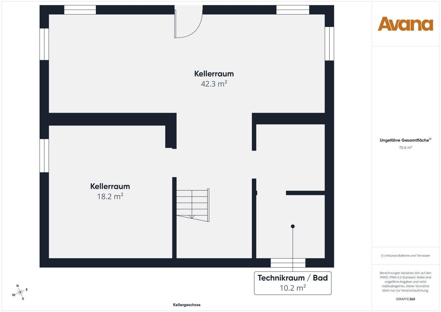 Grundriss des Kellergeschosses mit zwei Kellerräumen, einem Technikraum und einem Bad.
