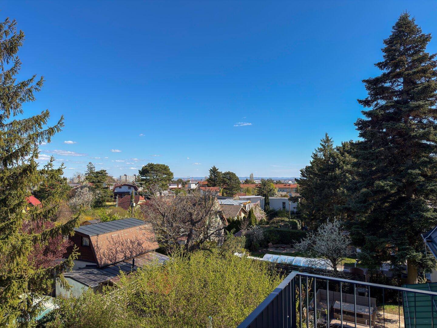 Weitläufiger Blick über die umliegende Wohngegend mit viel Grün und Fernsicht am Horizont.