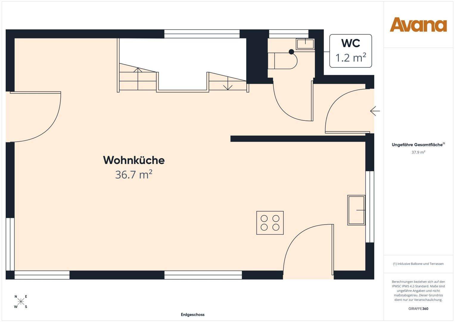 Grundriss des Erdgeschosses mit großer Wohnküche und separatem WC.